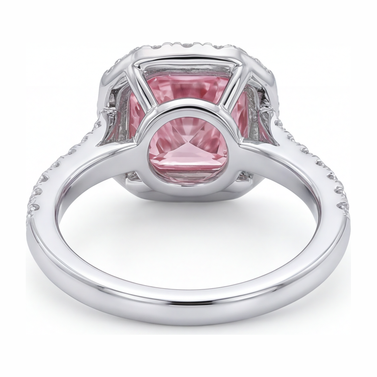Rosa Diamantring 3,25 Karat im Labor gezüchtet Kissenschliff Halo Pavé 14 Karat Weißgold
