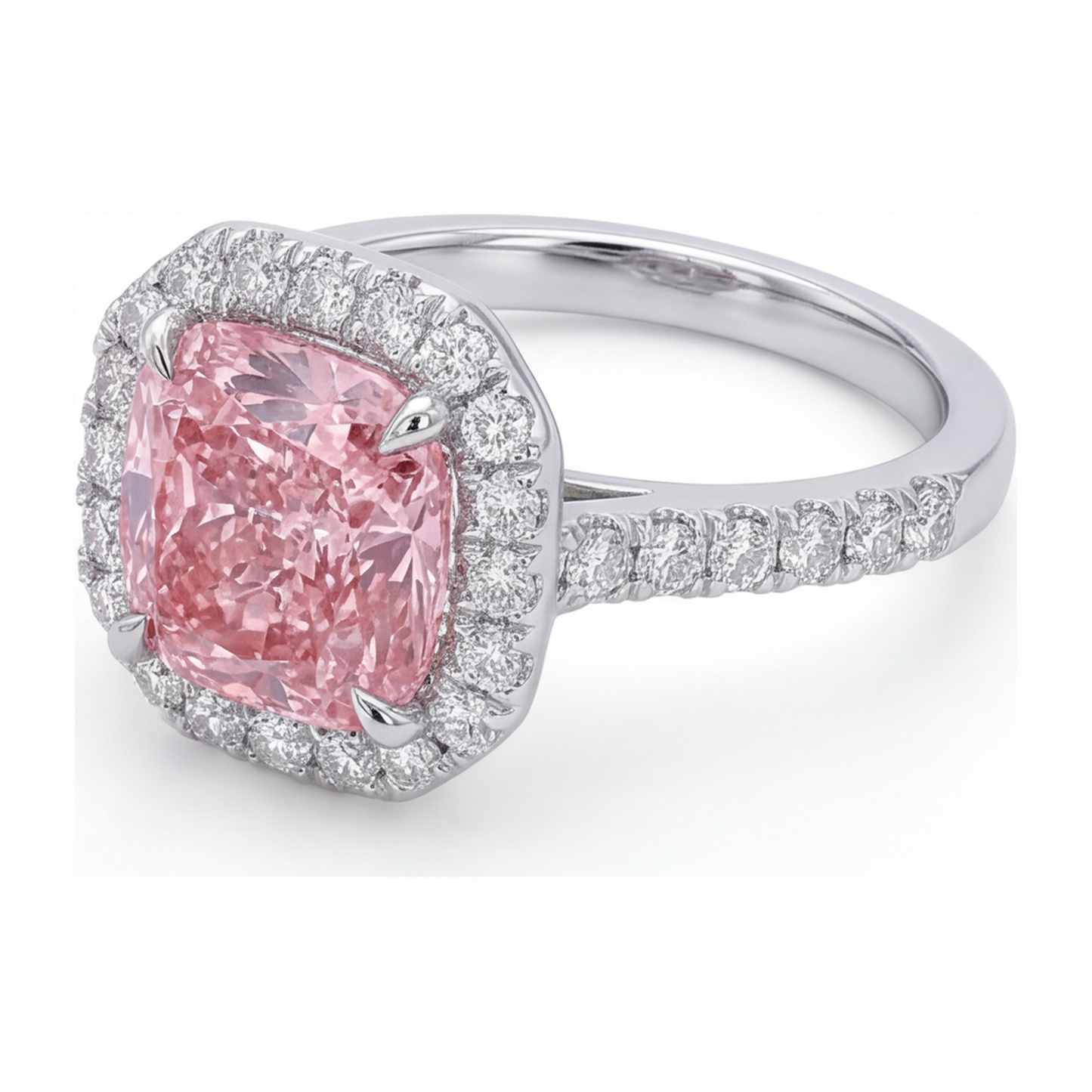 Rosa Diamantring 3,25 Karat im Labor gezüchtet Kissenschliff Halo Pavé 14 Karat Weißgold