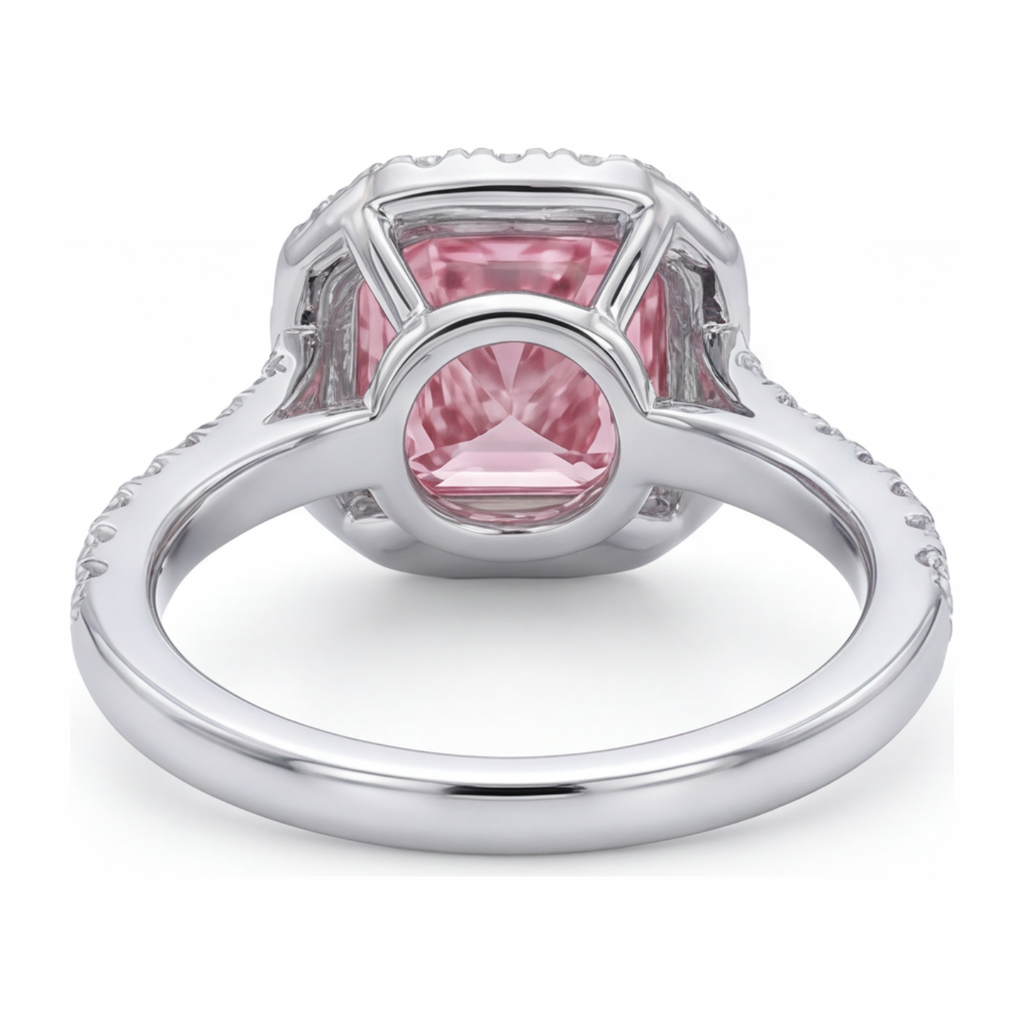 Rosa Diamantring 3,25 Karat im Labor gezüchtet Kissenschliff Halo Pavé 14 Karat Weißgold