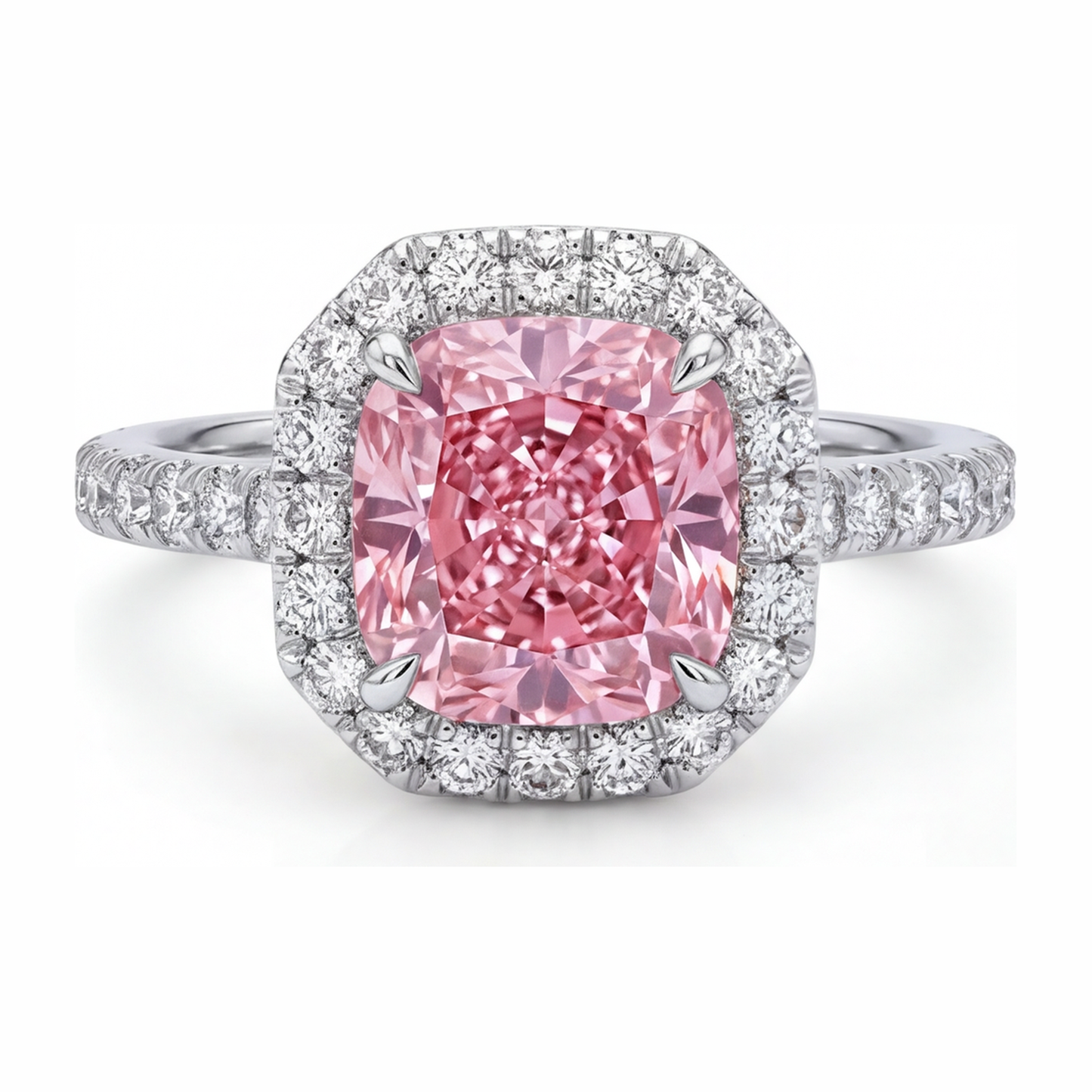Rosa Diamantring 3,25 Karat im Labor gezüchtet Kissenschliff Halo Pavé 14 Karat Weißgold