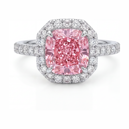 Rosa Diamantring 3,25 Karat im Labor gezüchtet Kissenschliff Halo Pavé 14 Karat Weißgold
