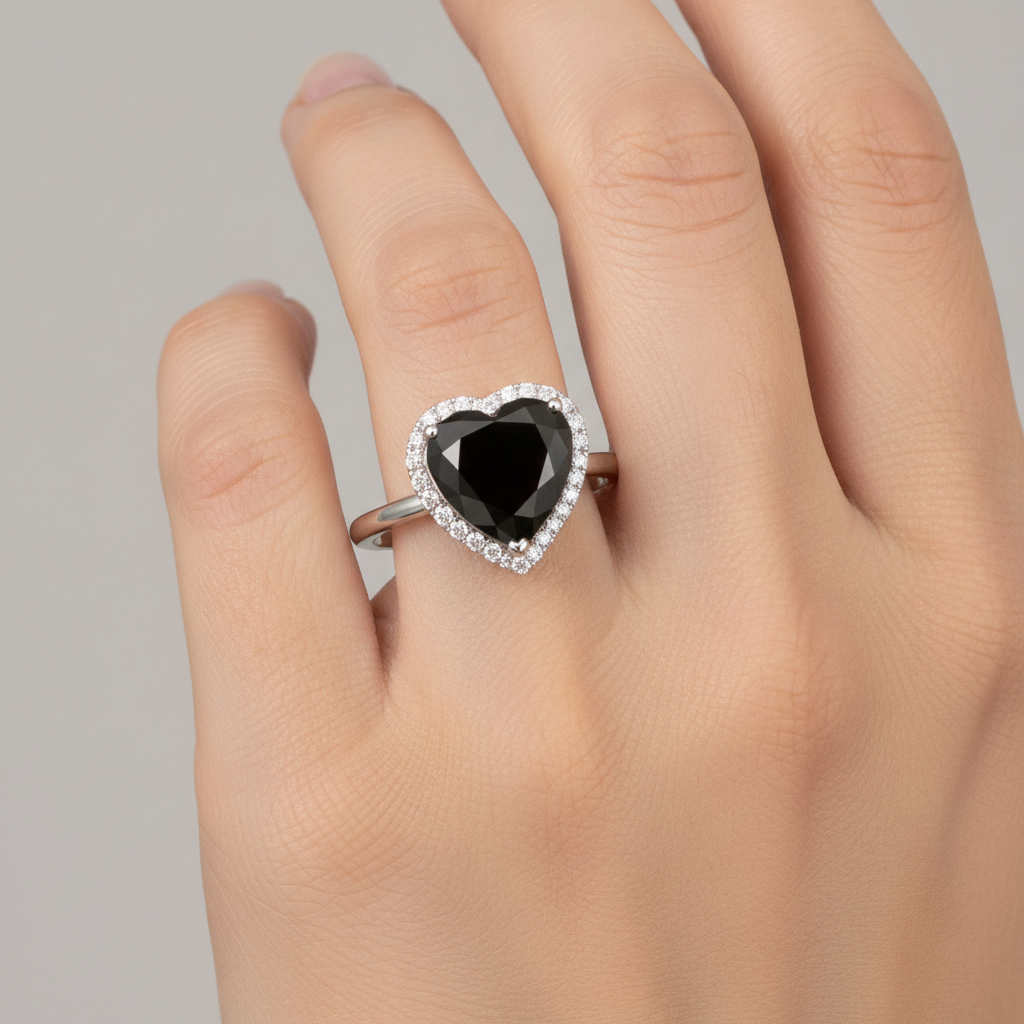 Verlobungsring mit schwarzem Diamant 3 Karat Echtes Herz Halo Schlicht 14 Karat Weißgold
