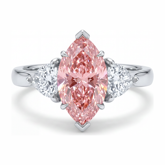 Drei-Stein-Ring mit im Labor gezüchtetem rosa Diamanten im Marquise-Schliff, 3,5 Karat, 14 Karat Weißgold