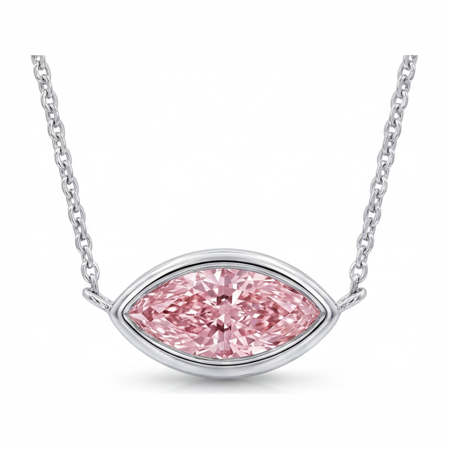 Halskette mit rosa Diamant, 3,5 Karat, im Labor gezüchtet, Marquise-Anhänger mit Lünette, 14 Karat Weißgold