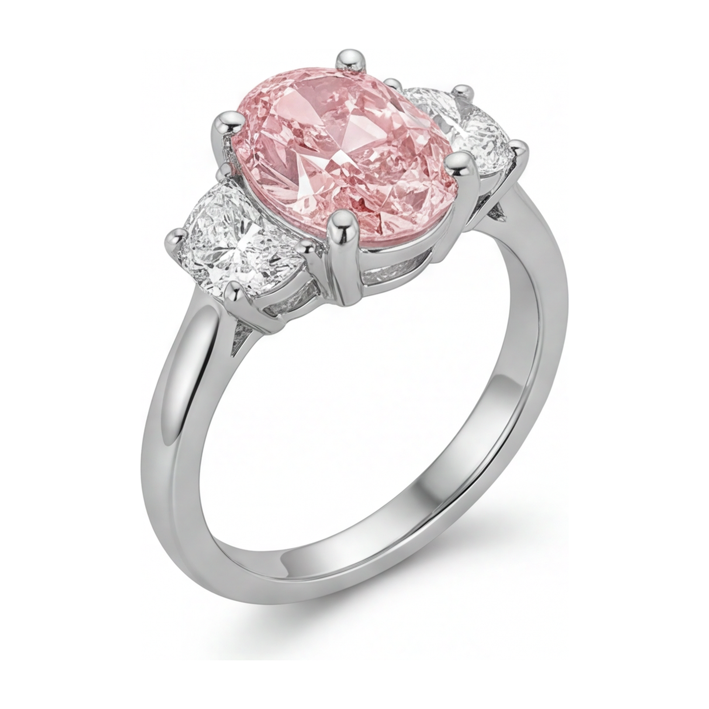 Im Labor gezüchteter rosa Diamant, 3,5 Karat, ovaler Dreisteinring, 14 Karat Weißgold