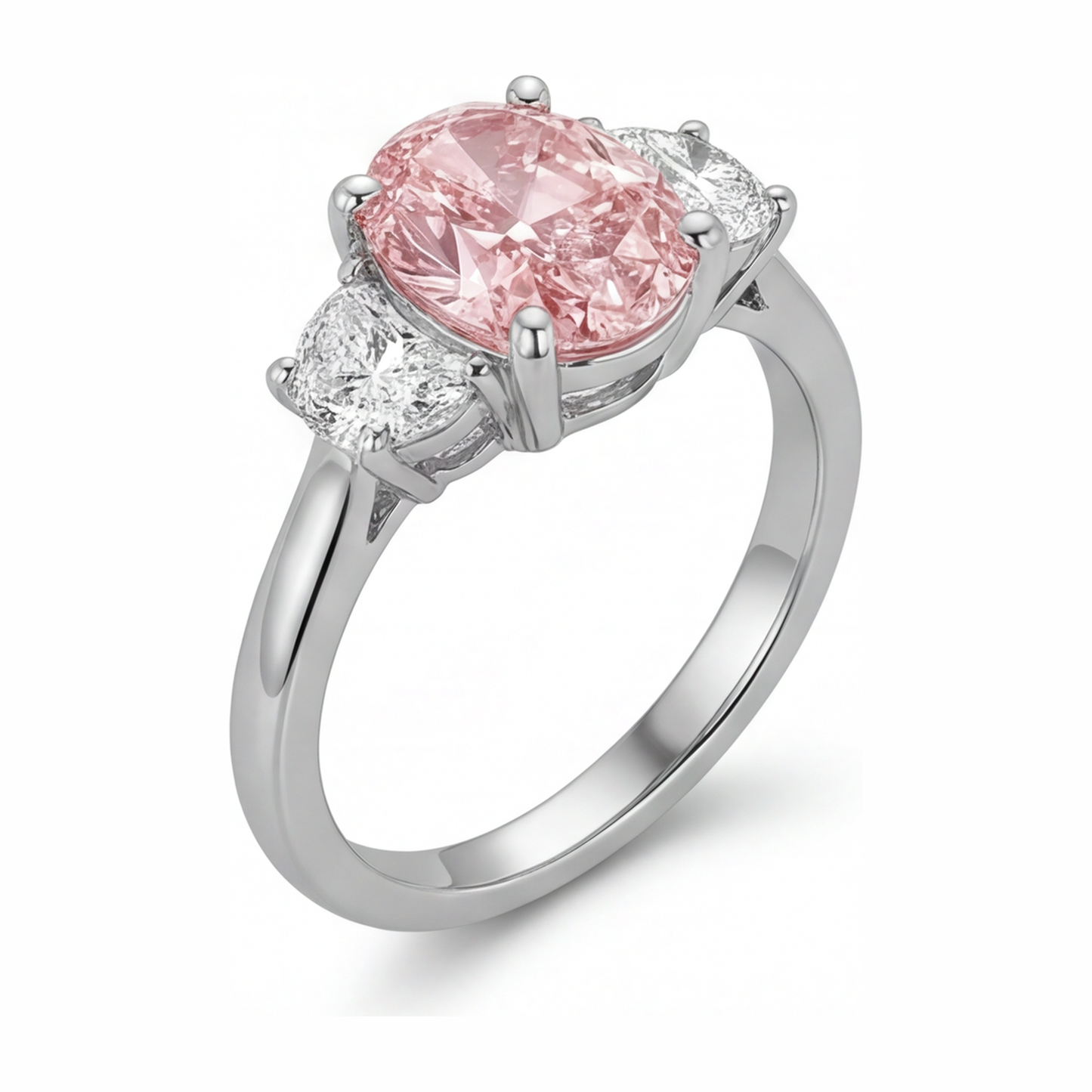 Im Labor gezüchteter rosa Diamant, 3,5 Karat, ovaler Dreisteinring, 14 Karat Weißgold