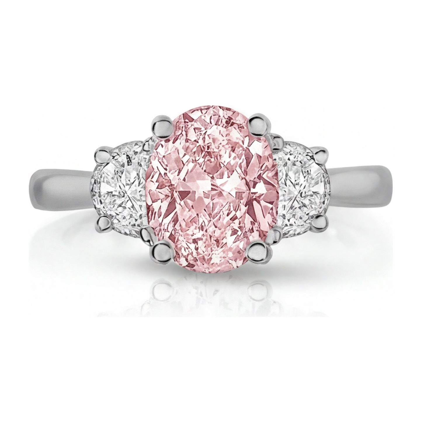 Im Labor gezüchteter rosa Diamant, 3,5 Karat, ovaler Dreisteinring, 14 Karat Weißgold
