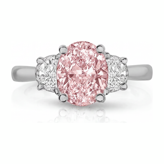 Im Labor gezüchteter rosa Diamant, 3,5 Karat, ovaler Dreisteinring, 14 Karat Weißgold