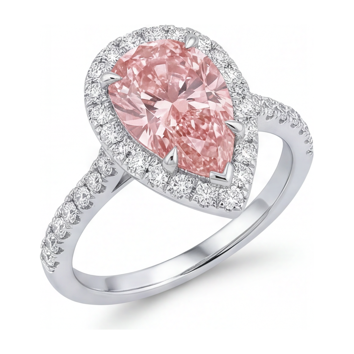 Verlobungsring mit rosa Diamant 3,5 Karat im Labor gezüchtet Tropfenschliff Halo 14 Karat Weißgold