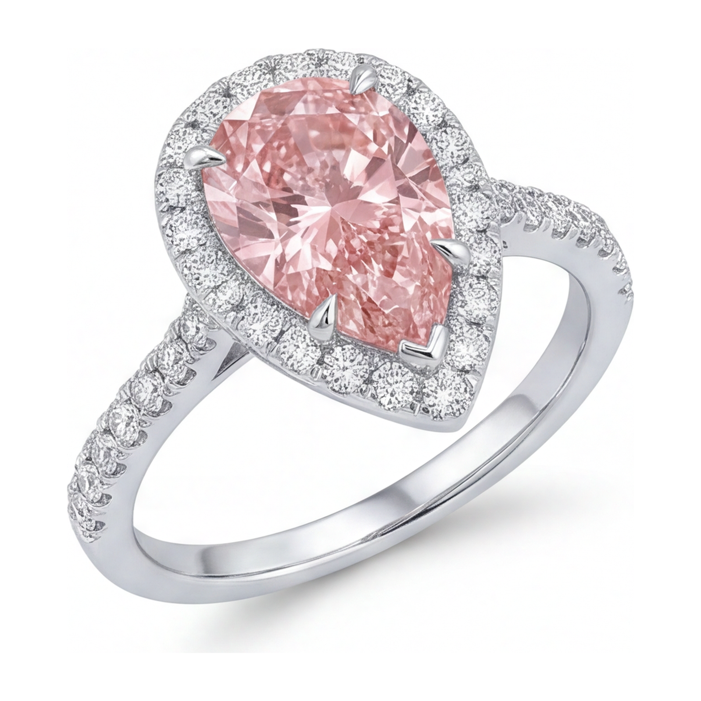 Verlobungsring mit rosa Diamant 3,5 Karat im Labor gezüchtet Tropfenschliff Halo 14 Karat Weißgold