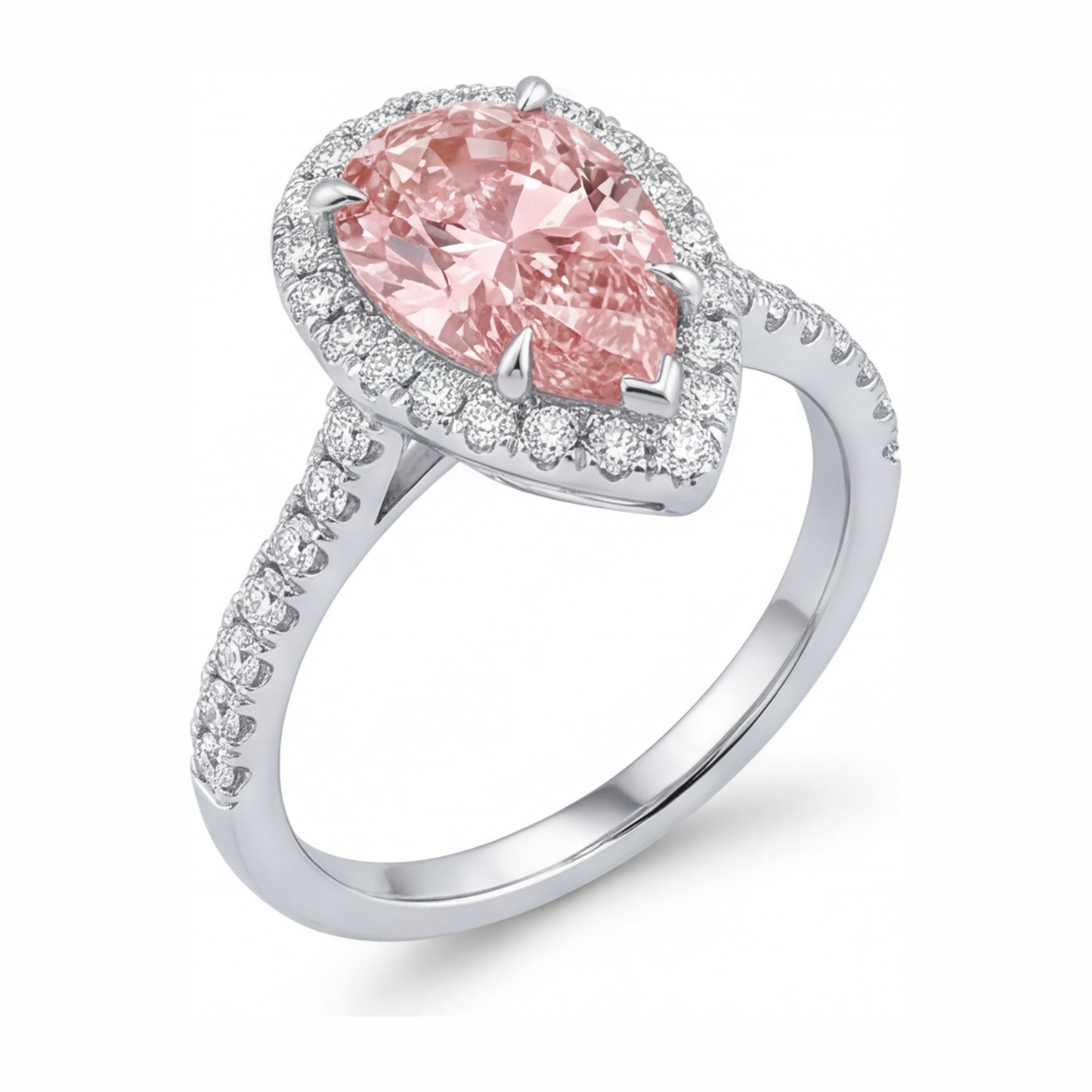 Verlobungsring mit rosa Diamant 3,5 Karat im Labor gezüchtet Tropfenschliff Halo 14 Karat Weißgold