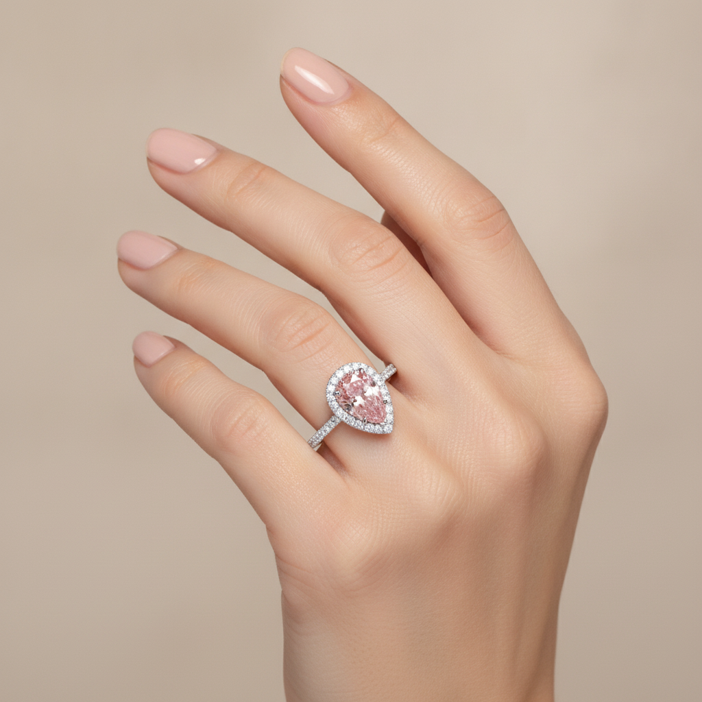 Verlobungsring mit rosa Diamant 3,5 Karat im Labor gezüchtet Tropfenschliff Halo 14 Karat Weißgold