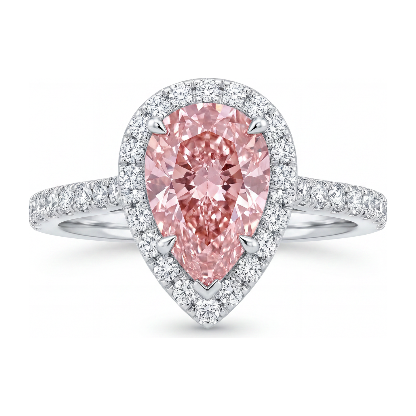 Verlobungsring mit rosa Diamant 3,5 Karat im Labor gezüchtet Tropfenschliff Halo 14 Karat Weißgold