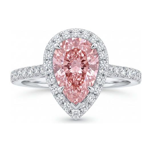 Verlobungsring mit rosa Diamant 3,5 Karat im Labor gezüchtet Tropfenschliff Halo 14 Karat Weißgold