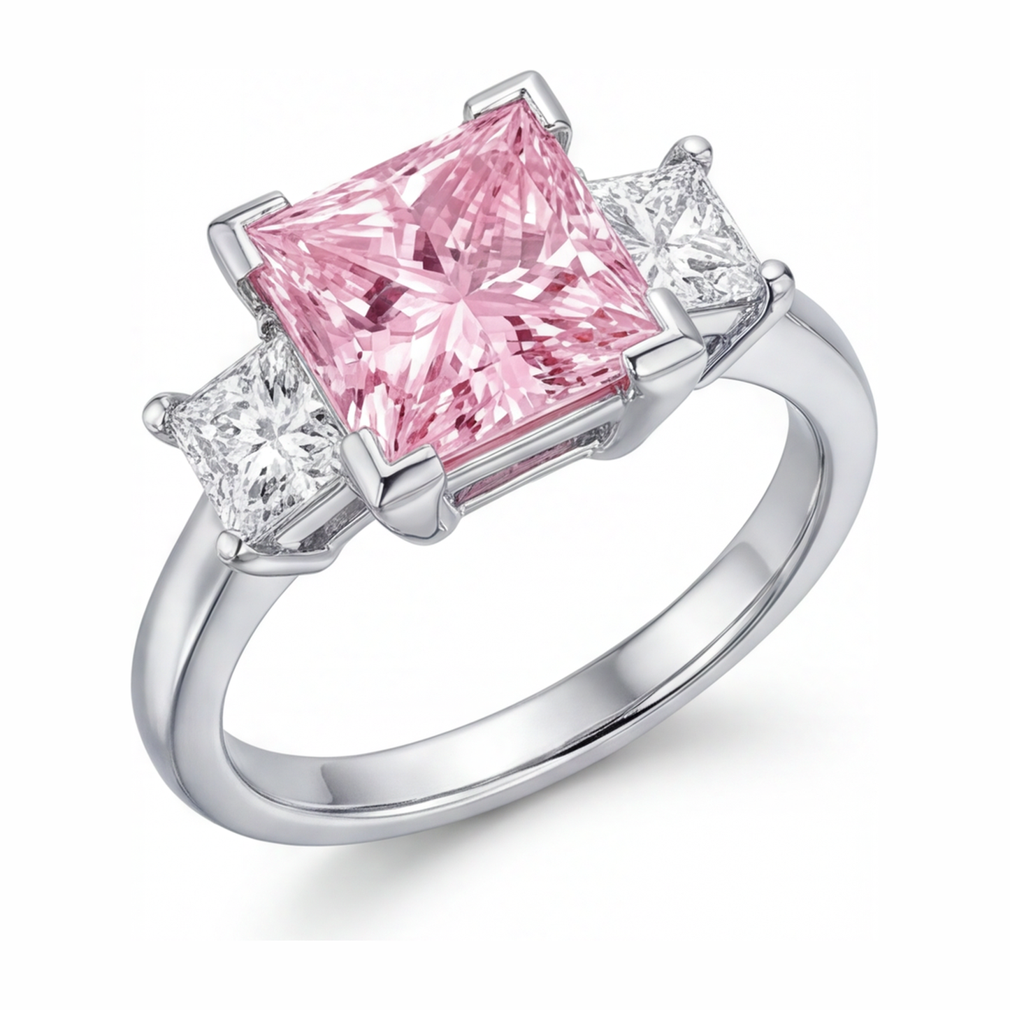 Pinkfarbener Diamantring, 3,5 Karat, im Labor gezüchtet, Princess-Schliff, Dreistein, 14 Karat Weißgold