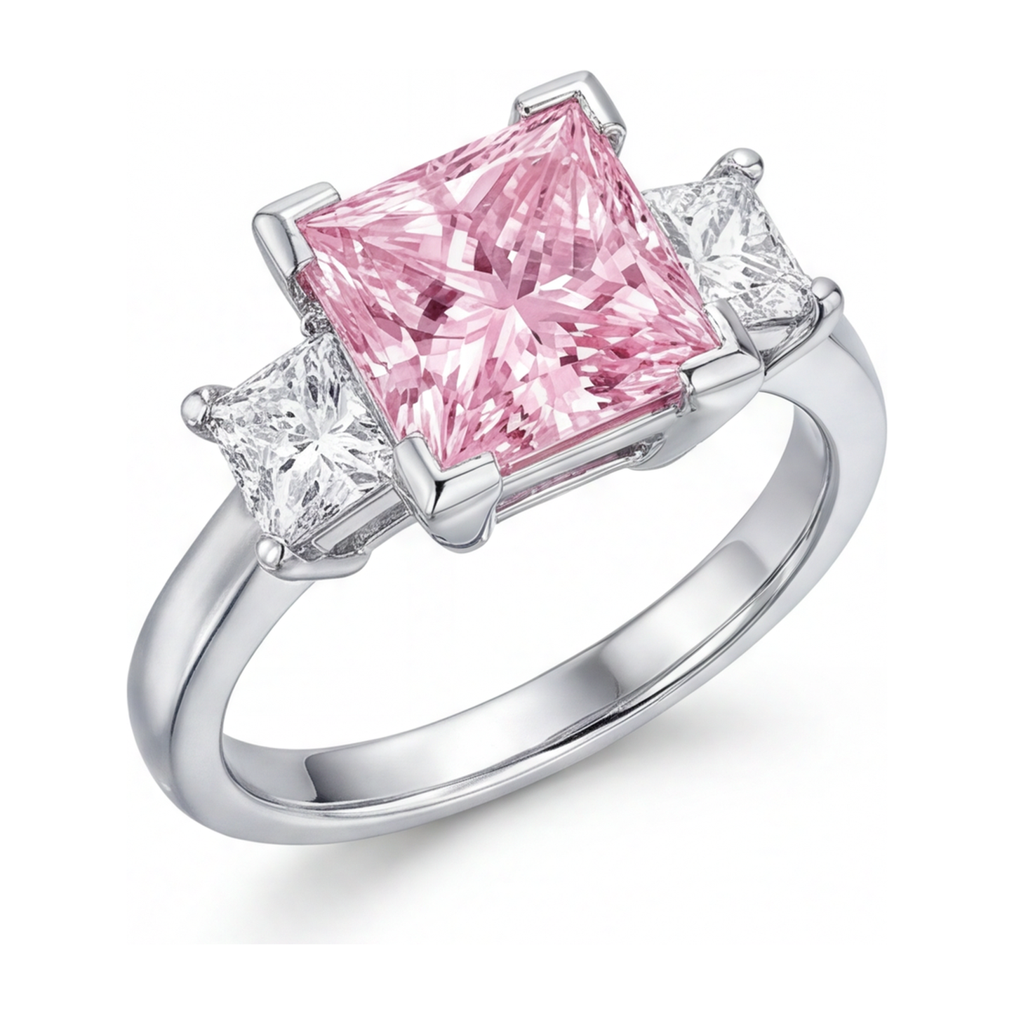 Pinkfarbener Diamantring, 3,5 Karat, im Labor gezüchtet, Princess-Schliff, Dreistein, 14 Karat Weißgold