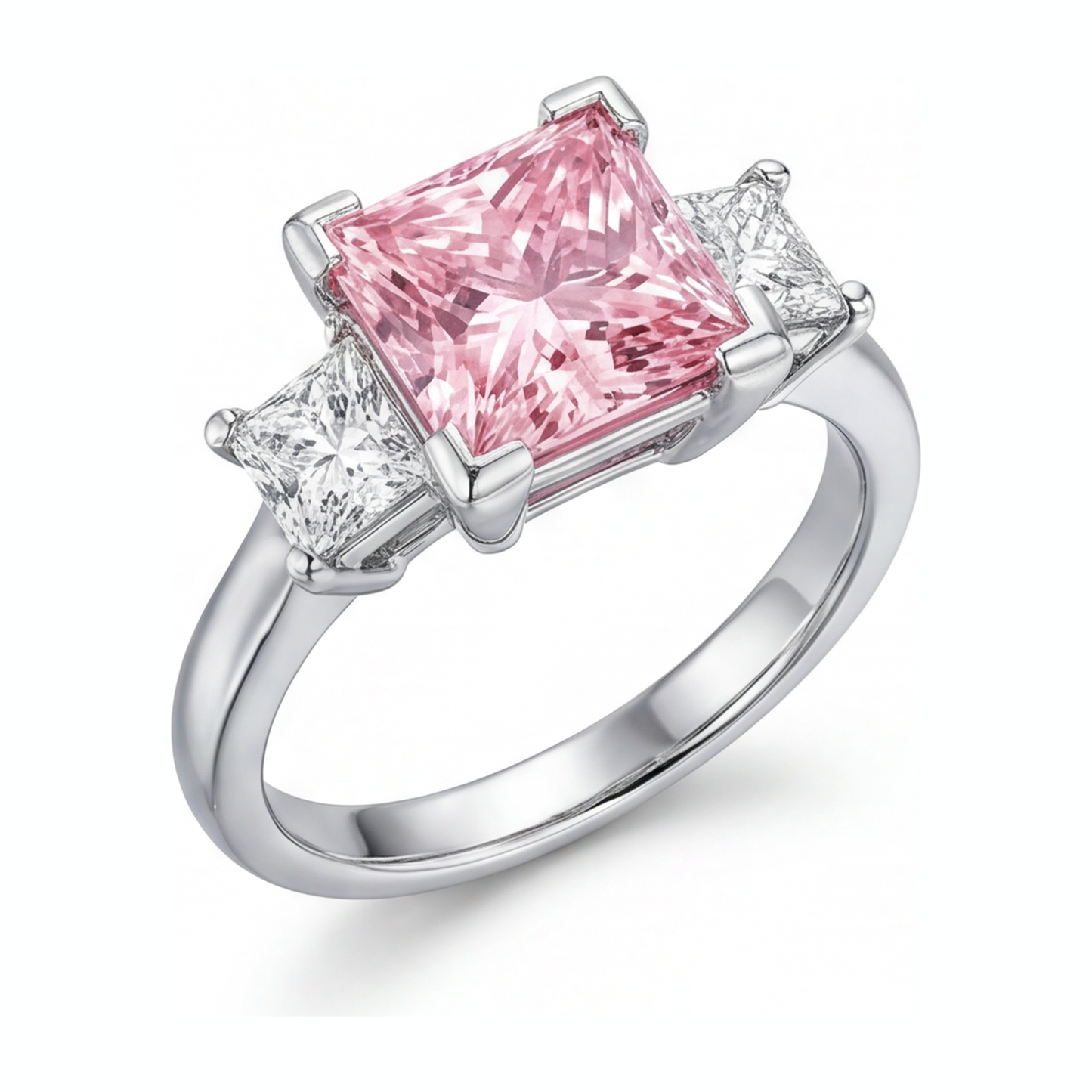 Pinkfarbener Diamantring, 3,5 Karat, im Labor gezüchtet, Princess-Schliff, Dreistein, 14 Karat Weißgold