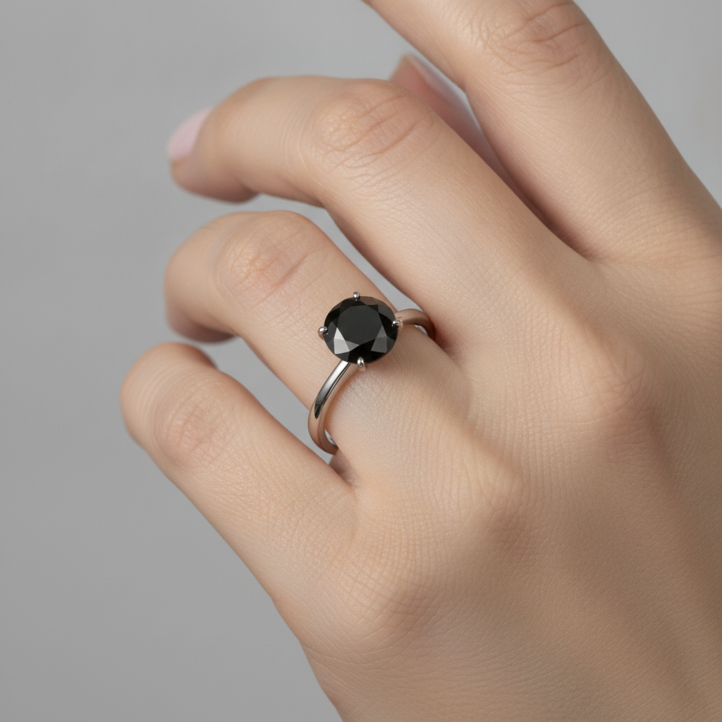 Verlobungsring mit echtem schwarzem Diamant, 3,5 Karat, runder Solitär, schlicht, 14 Karat Weißgold