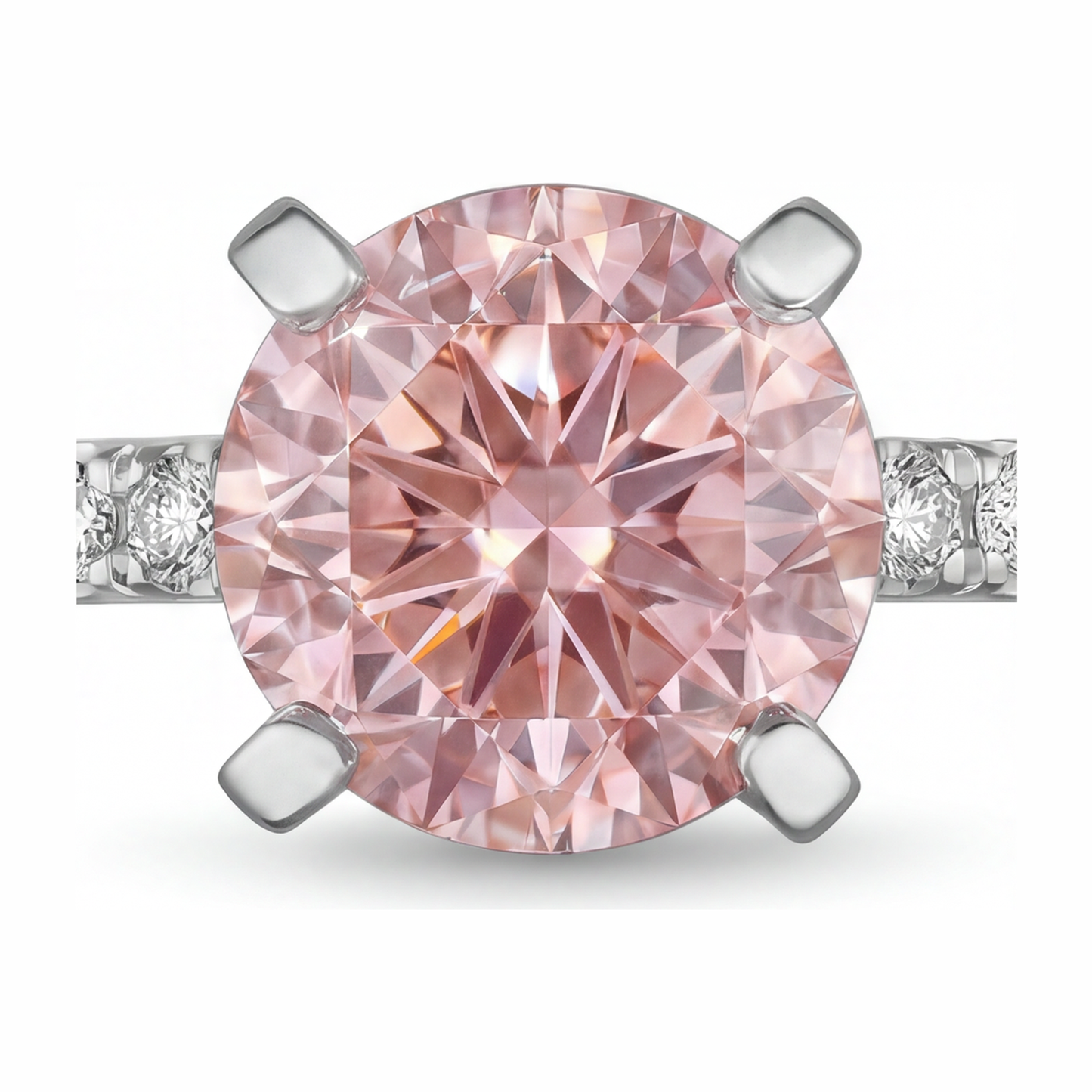 Rosa Diamantring 3,5 Karat im Labor gezüchtet, rund, Pavé, 14 Karat Weißgold