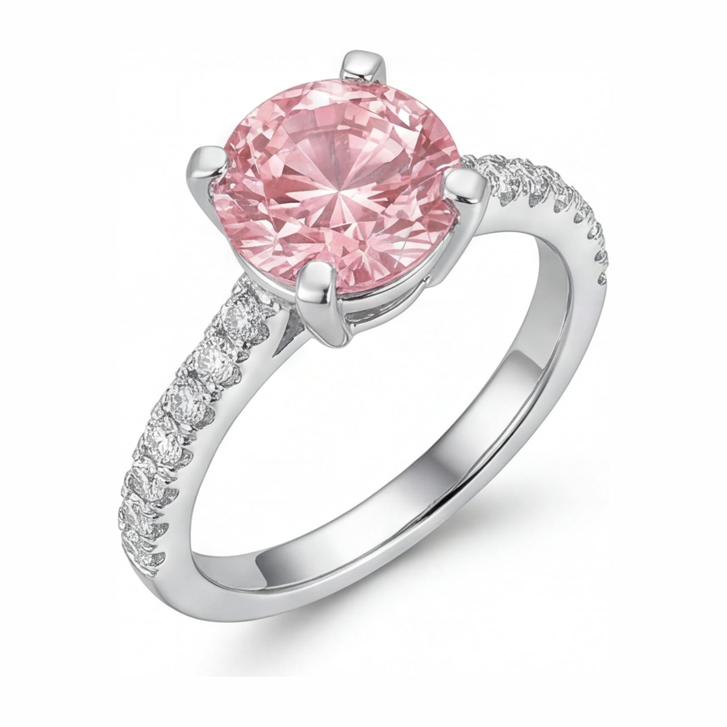 Verlobungsring mit rosa Diamant, 3,5 Karat, im Labor gezüchtet, Rundschliff, Pavé, Kathedrale, 14 Karat Weißgold