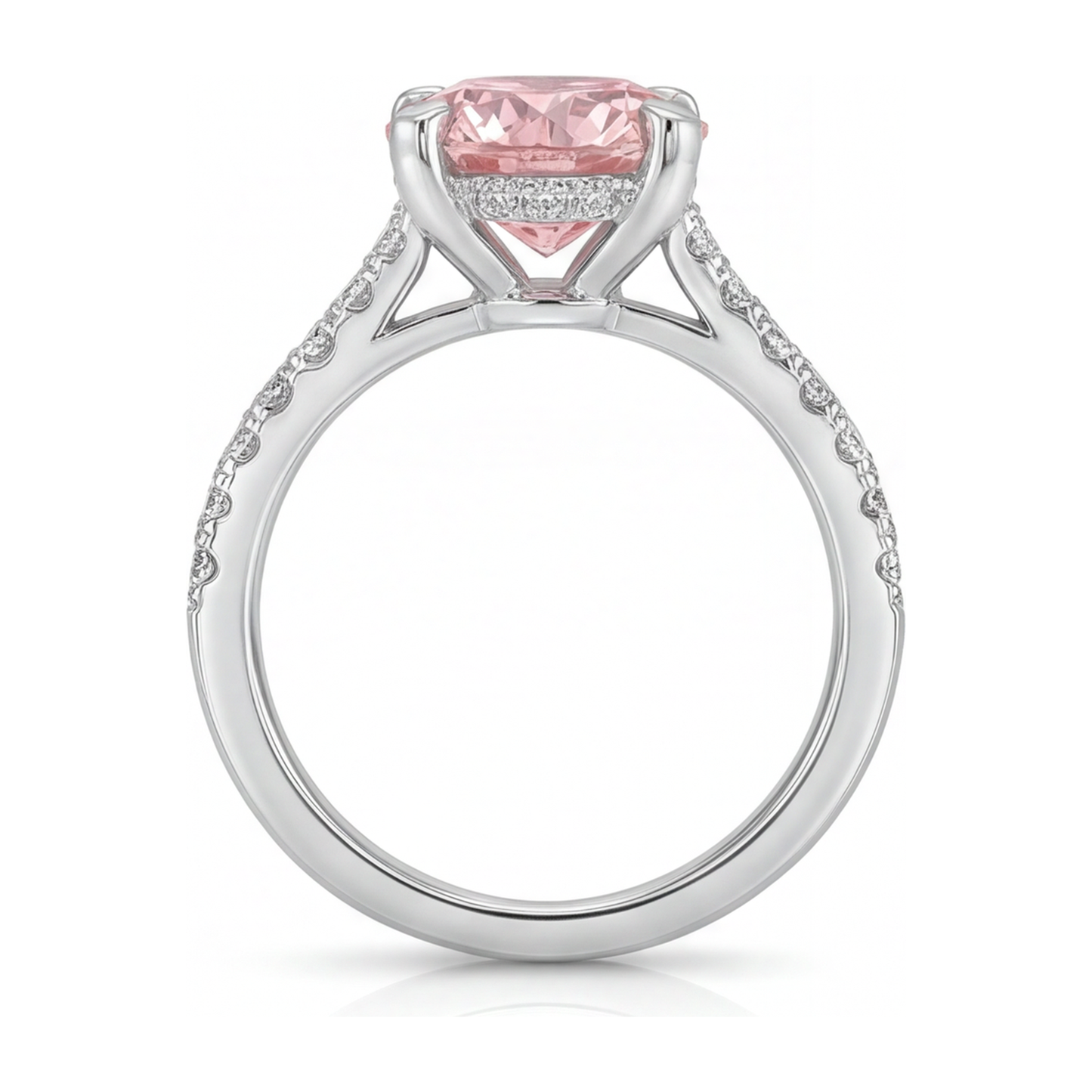 Rosa Diamantring 3,5 Karat im Labor gezüchtet, rund, Pavé, 14 Karat Weißgold