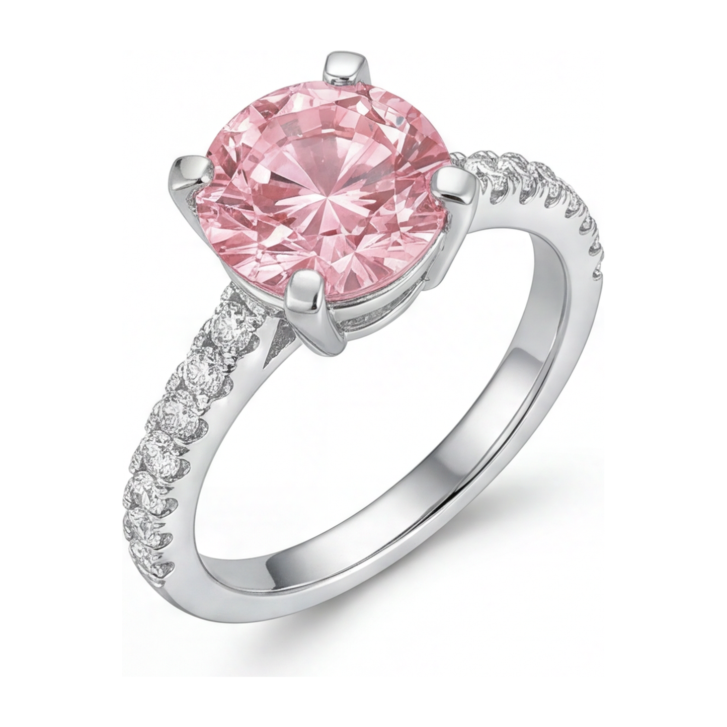 Verlobungsring mit rosa Diamant, 3,5 Karat, im Labor gezüchtet, Rundschliff, Pavé, Kathedrale, 14 Karat Weißgold