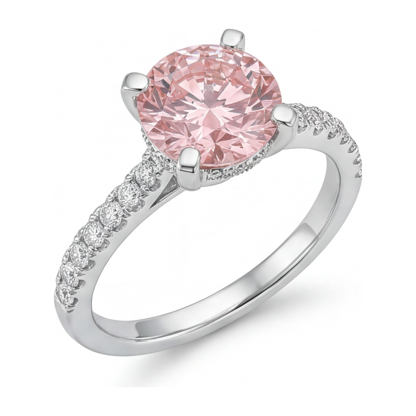 Rosa Diamantring 3,5 Karat im Labor gezüchtet, rund, Pavé, 14 Karat Weißgold
