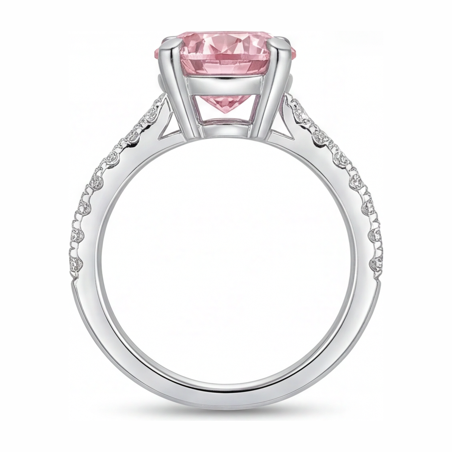 Verlobungsring mit rosa Diamant, 3,5 Karat, im Labor gezüchtet, Rundschliff, Pavé, Kathedrale, 14 Karat Weißgold