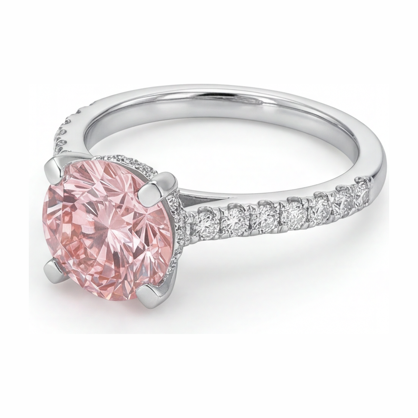 Rosa Diamantring 3,5 Karat im Labor gezüchtet, rund, Pavé, 14 Karat Weißgold
