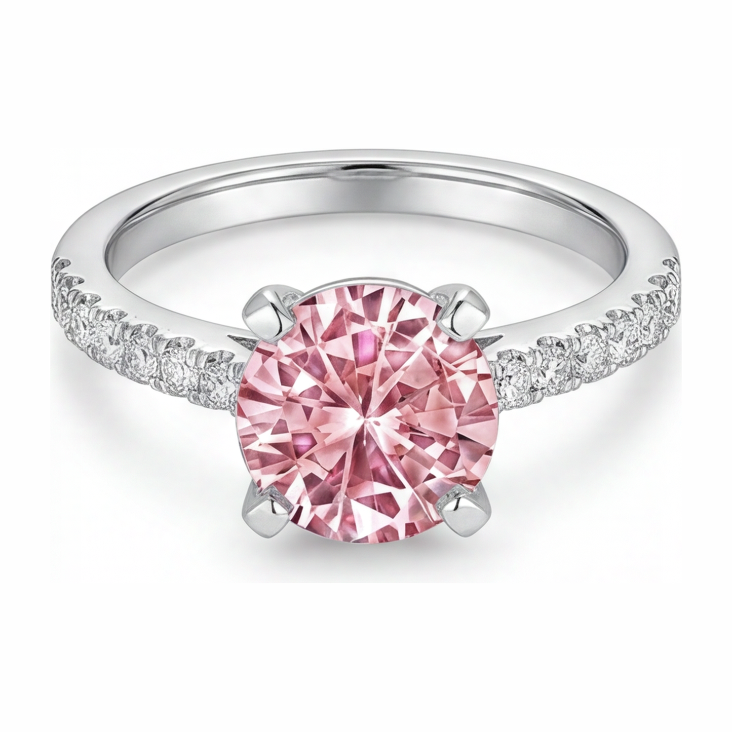 Verlobungsring mit rosa Diamant, 3,5 Karat, im Labor gezüchtet, Rundschliff, Pavé, Kathedrale, 14 Karat Weißgold