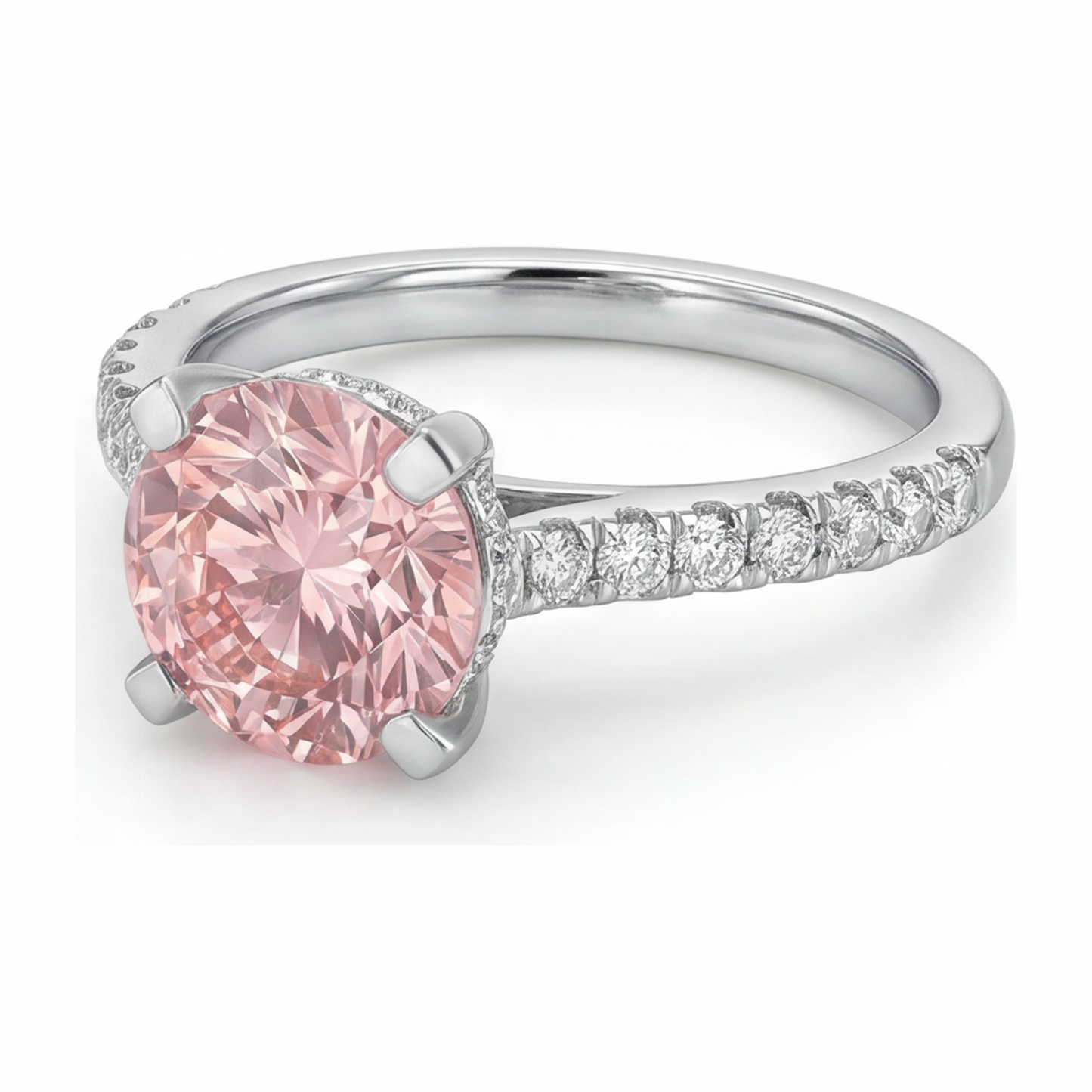 Rosa Diamantring 3,5 Karat im Labor gezüchtet, rund, Pavé, 14 Karat Weißgold