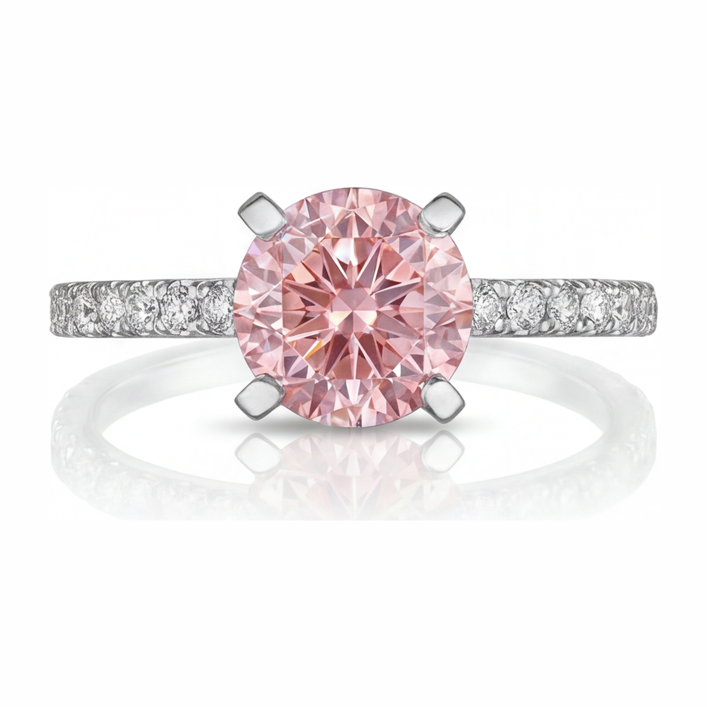 Rosa Diamantring 3,5 Karat im Labor gezüchtet, rund, Pavé, 14 Karat Weißgold