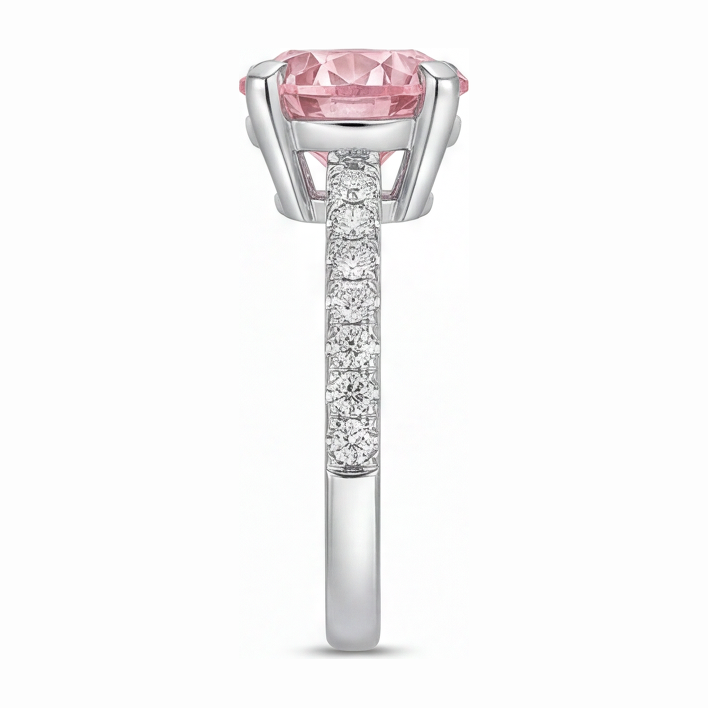 Verlobungsring mit rosa Diamant, 3,5 Karat, im Labor gezüchtet, Rundschliff, Pavé, Kathedrale, 14 Karat Weißgold