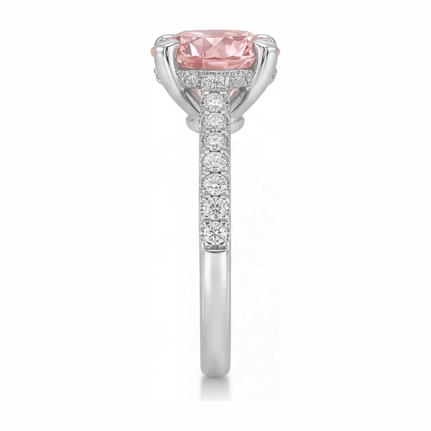 Rosa Diamantring 3,5 Karat im Labor gezüchtet, rund, Pavé, 14 Karat Weißgold
