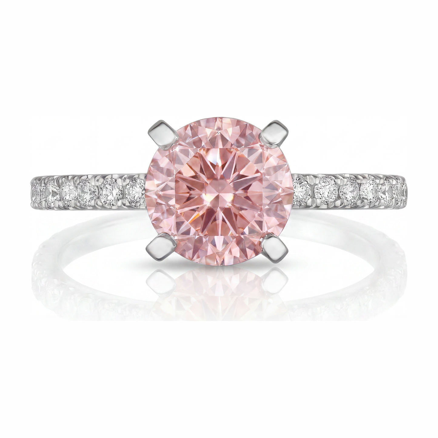 Rosa Diamantring 3,5 Karat im Labor gezüchtet, rund, Pavé, 14 Karat Weißgold