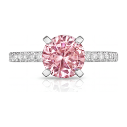 Verlobungsring mit rosa Diamant, 3,5 Karat, im Labor gezüchtet, Rundschliff, Pavé, Kathedrale, 14 Karat Weißgold