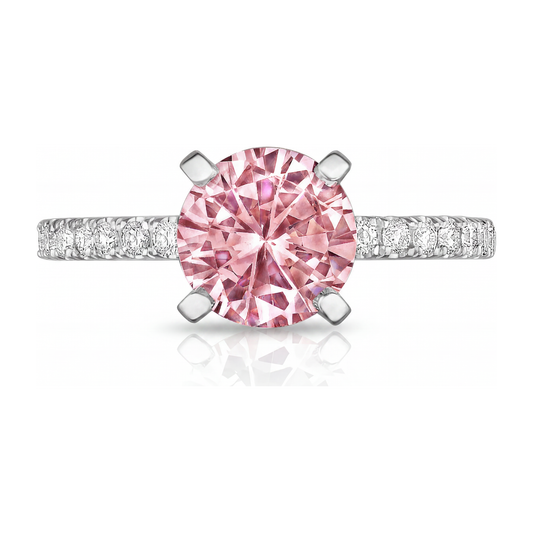 Verlobungsring mit rosa Diamant, 3,5 Karat, im Labor gezüchtet, Rundschliff, Pavé, Kathedrale, 14 Karat Weißgold