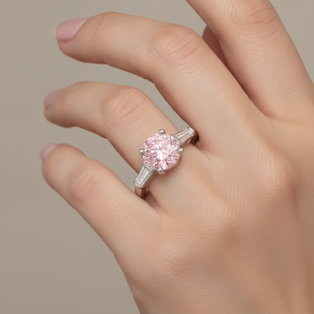 Rosa Diamantring 3,5 Karat im Labor gezüchtet Rund Drei-Stein 14 Karat Weißgold
