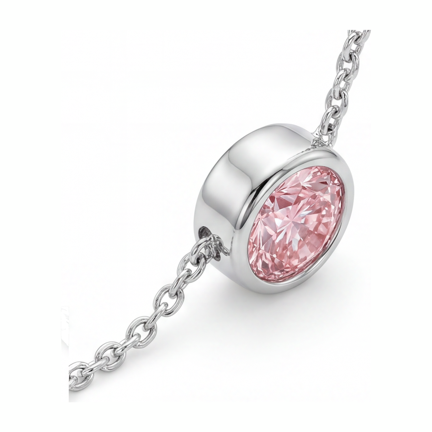 Halskette mit rosa Diamant, 3,5 Karat, im Labor gezüchtet, runder Lünetten-Anhänger, 14 Karat Weißgold