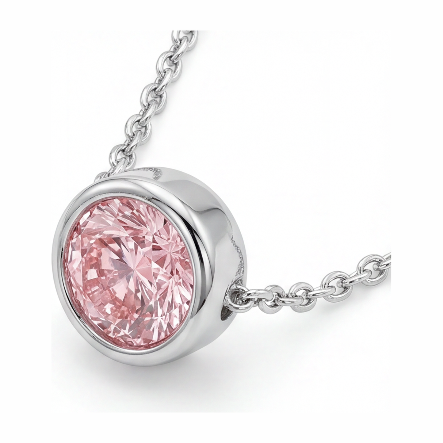 Halskette mit rosa Diamant, 3,5 Karat, im Labor gezüchtet, runder Lünetten-Anhänger, 14 Karat Weißgold