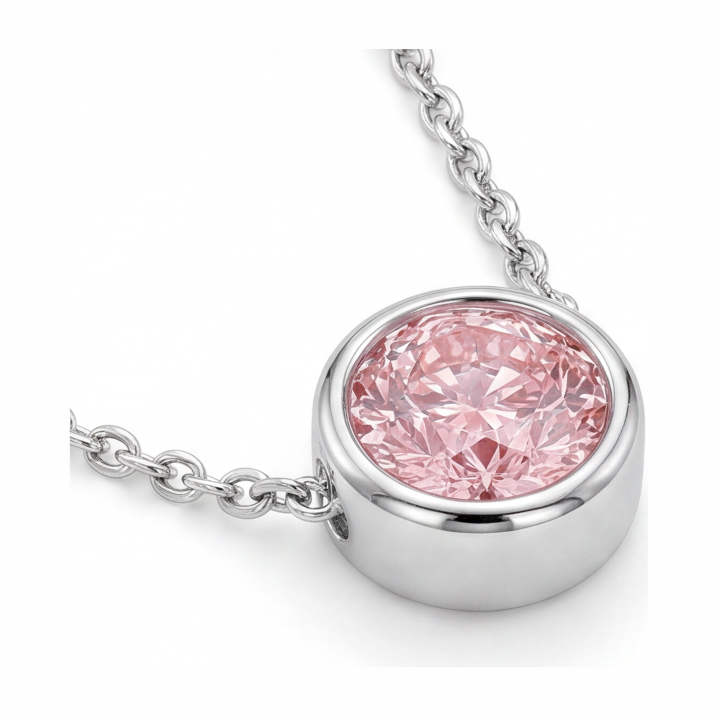 Halskette mit rosa Diamant, 3,5 Karat, im Labor gezüchtet, runder Lünetten-Anhänger, 14 Karat Weißgold