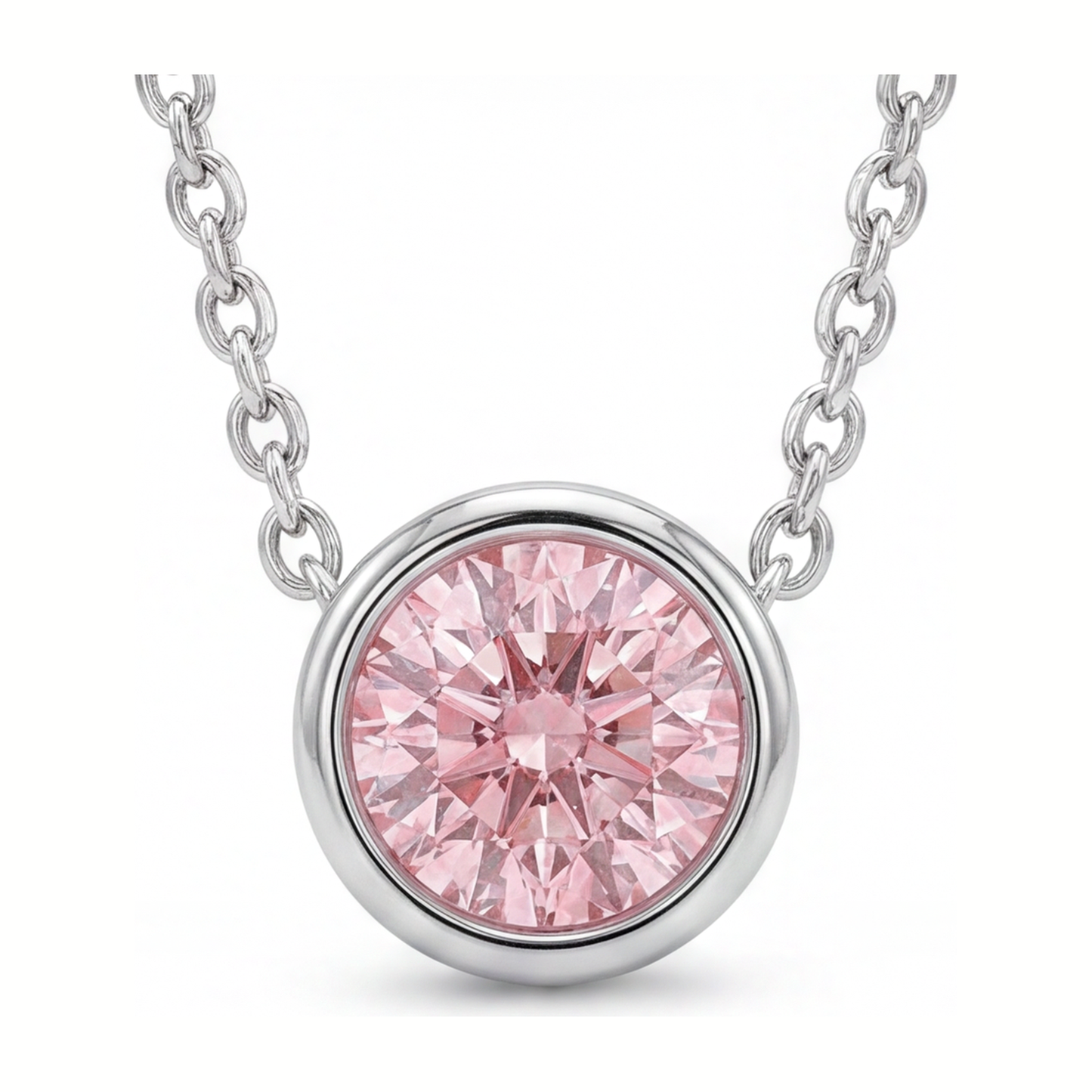 Halskette mit rosa Diamant, 3,5 Karat, im Labor gezüchtet, runder Lünetten-Anhänger, 14 Karat Weißgold