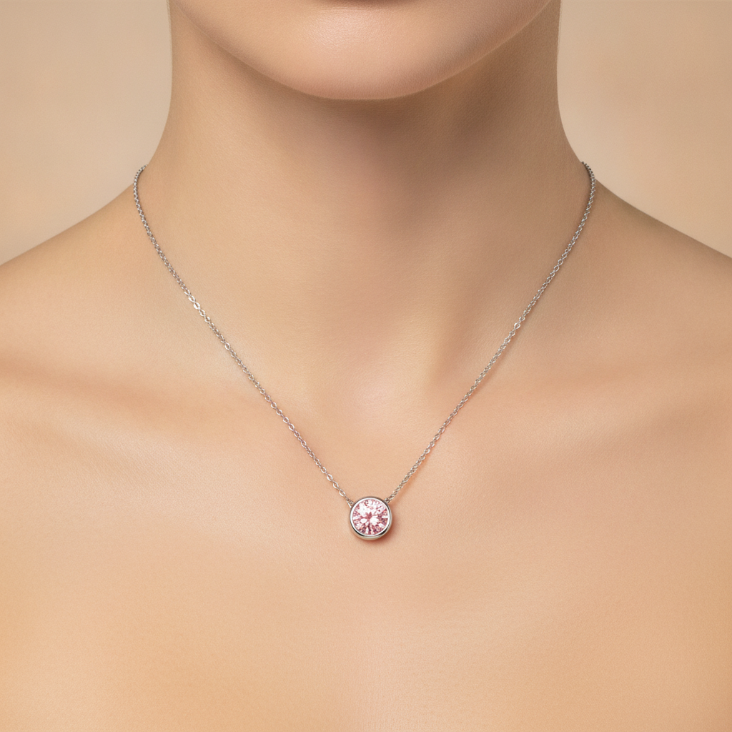 Halskette mit rosa Diamant, 3,5 Karat, im Labor gezüchtet, runder Lünetten-Anhänger, 14 Karat Weißgold