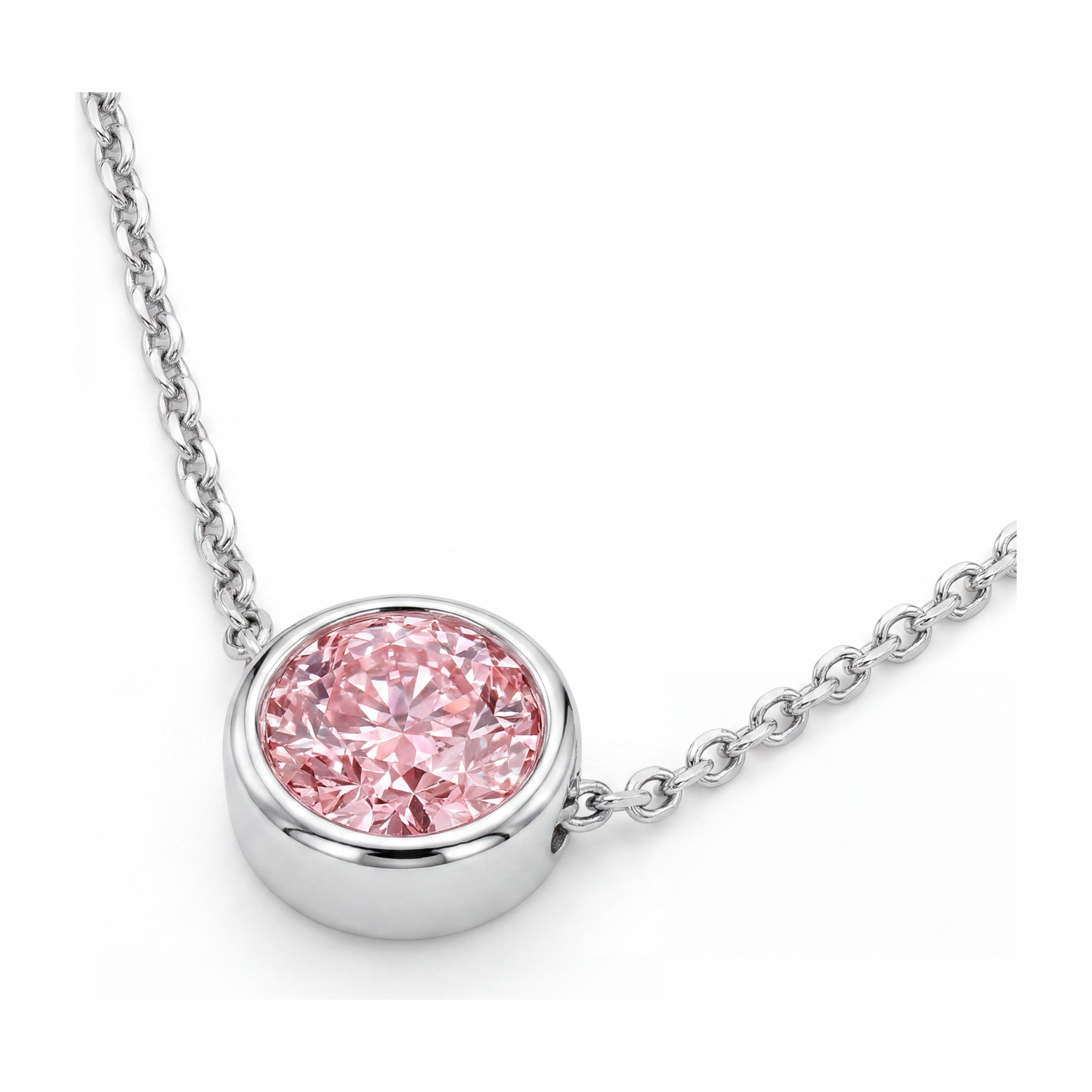 Halskette mit rosa Diamant, 3,5 Karat, im Labor gezüchtet, runder Lünetten-Anhänger, 14 Karat Weißgold