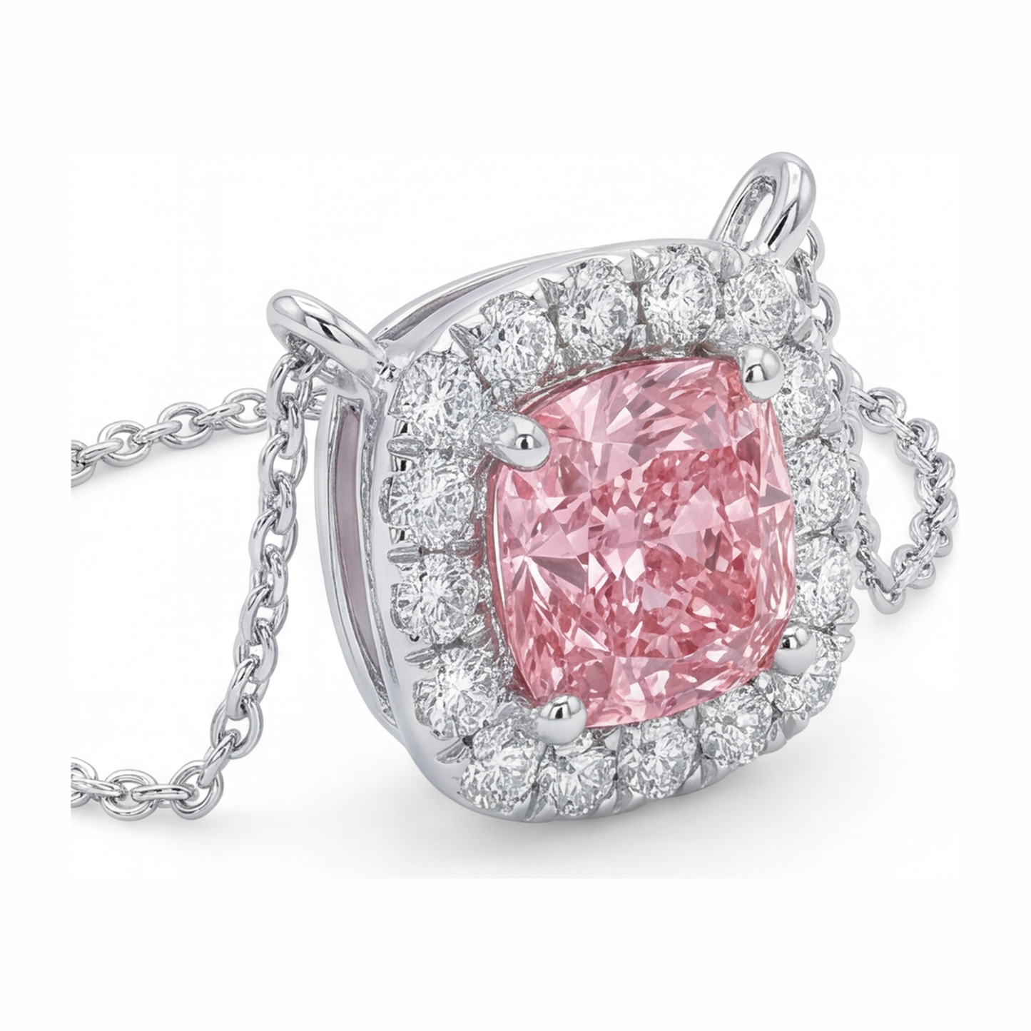 Halskette mit rosa Diamant 3,75 Karat im Labor gezüchtet Kissen-Halo-Anhänger 14 Karat Weißgold