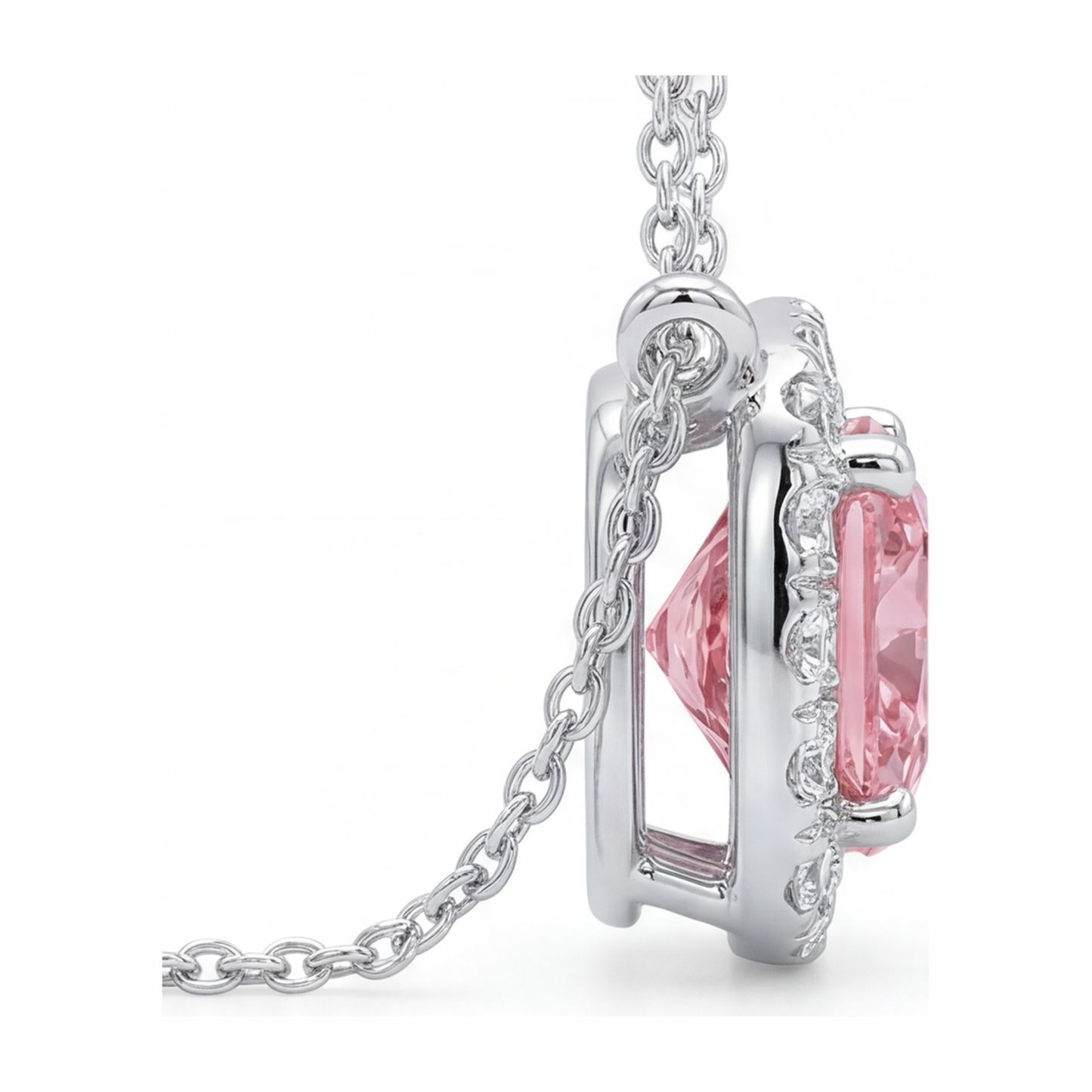 Halskette mit rosa Diamant 3,75 Karat im Labor gezüchtet Kissen-Halo-Anhänger 14 Karat Weißgold