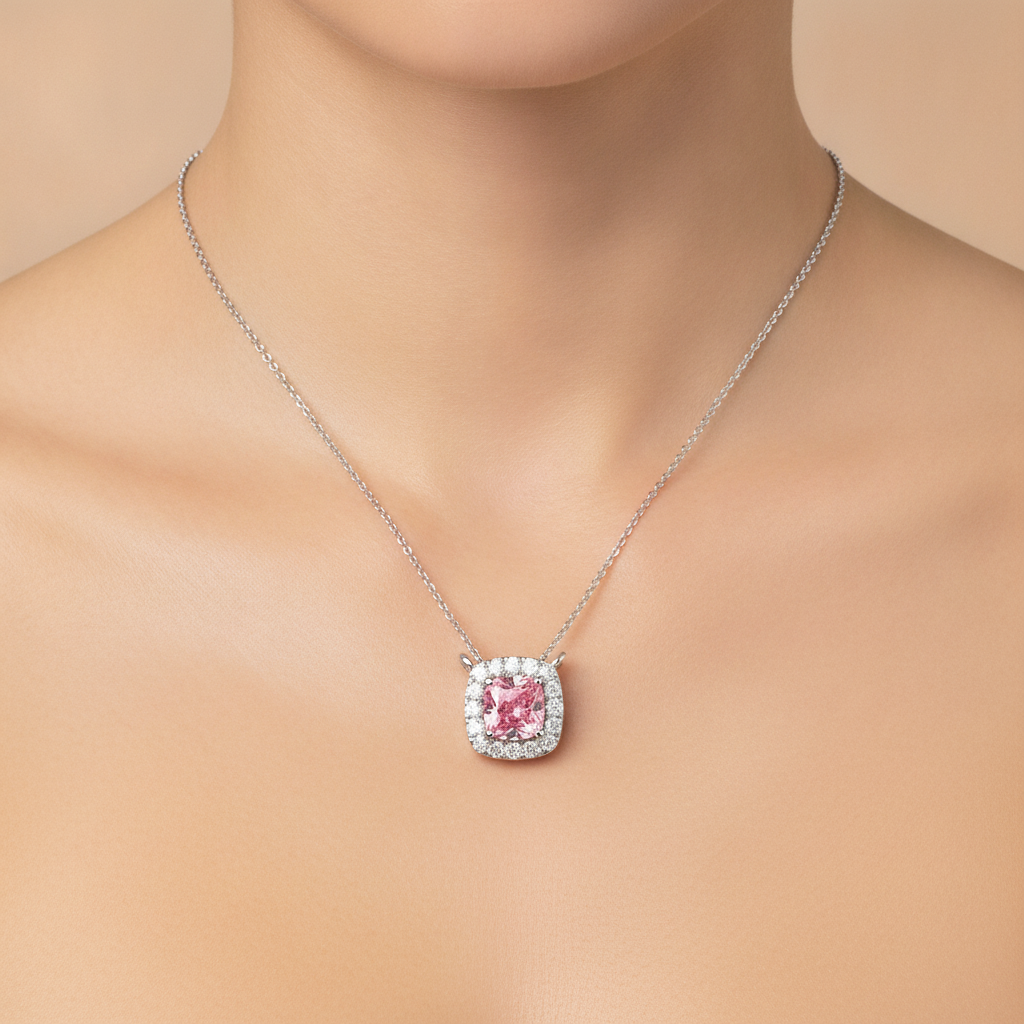 Halskette mit rosa Diamant 3,75 Karat im Labor gezüchtet Kissen-Halo-Anhänger 14 Karat Weißgold