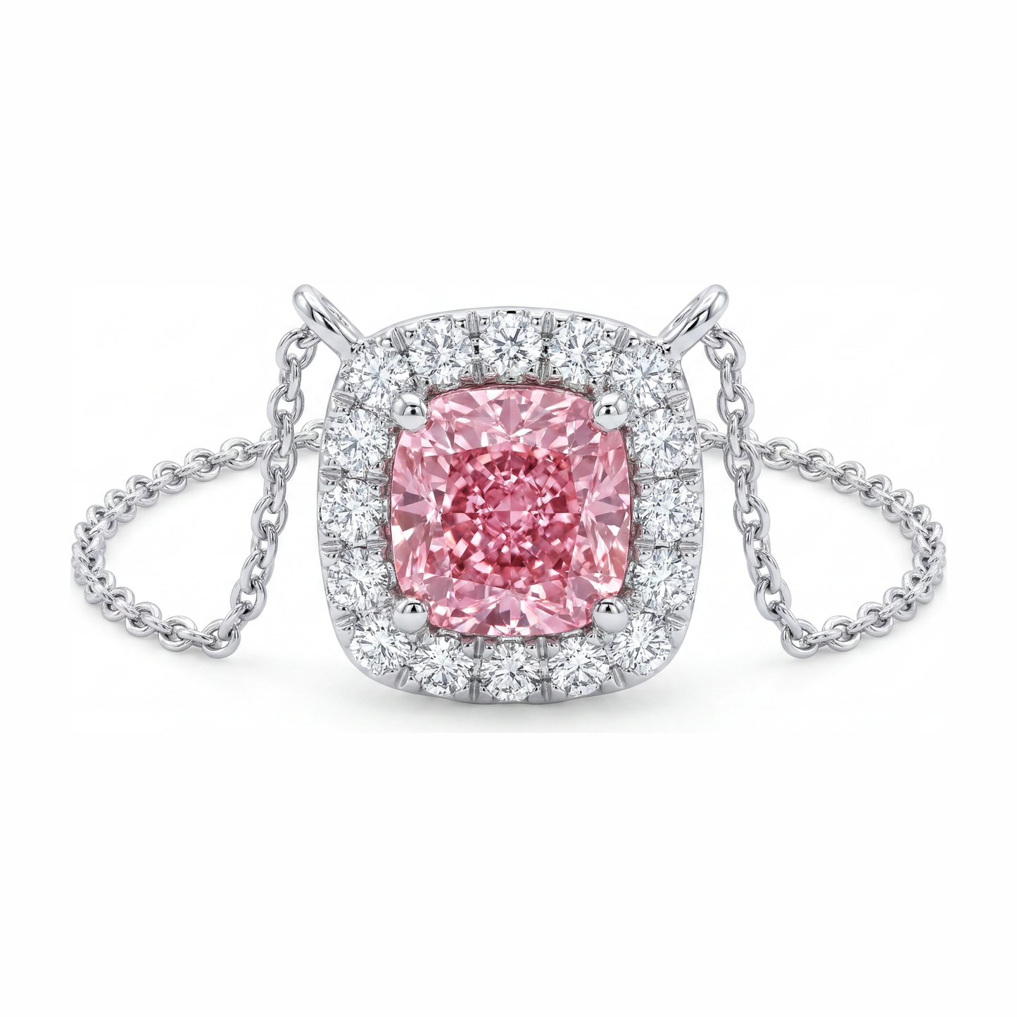 Halskette mit rosa Diamant 3,75 Karat im Labor gezüchtet Kissen-Halo-Anhänger 14 Karat Weißgold