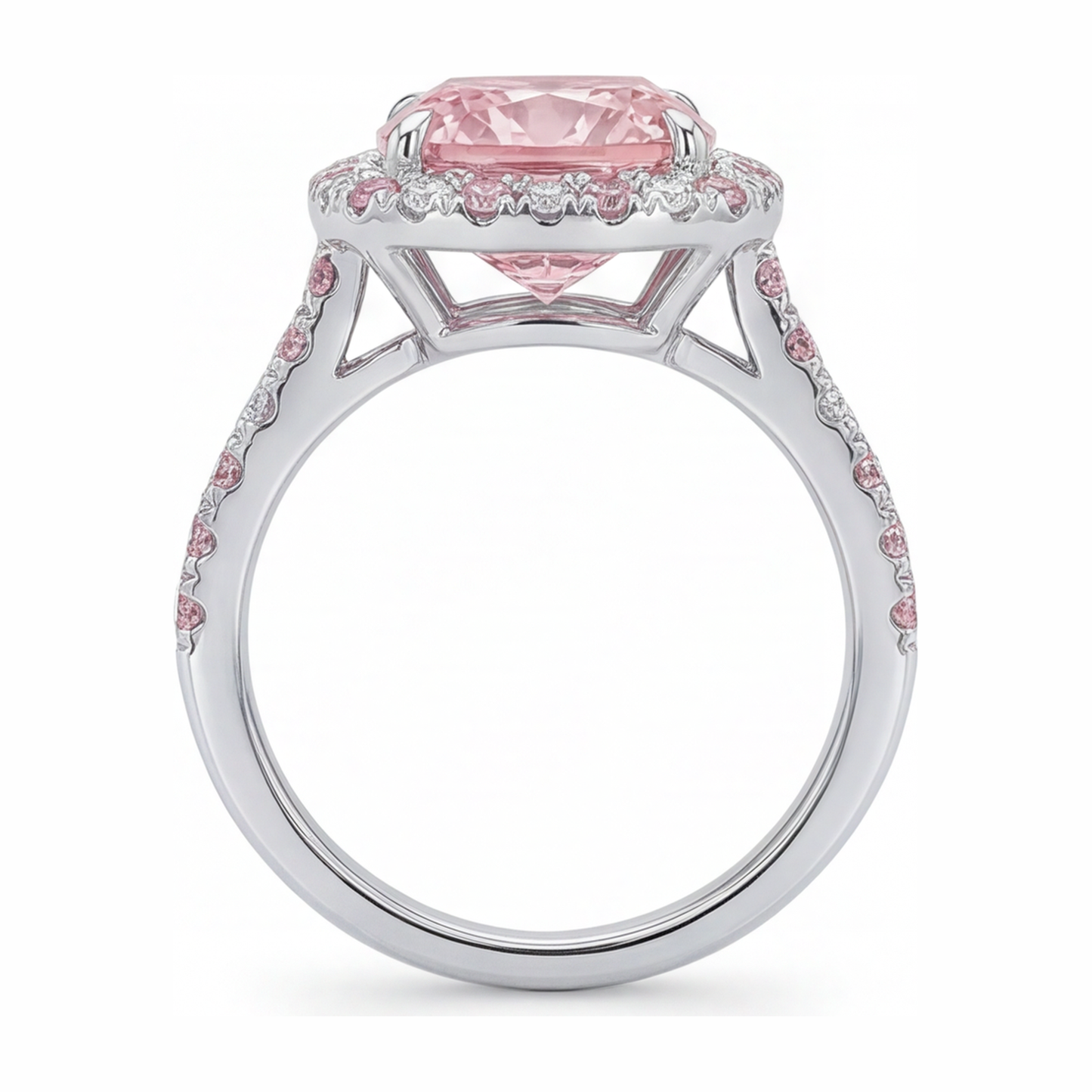 Im Labor gezüchteter rosa Diamant, 3,75 Karat, Halo-Ring im Kissenschliff, 14 Karat Weißgold