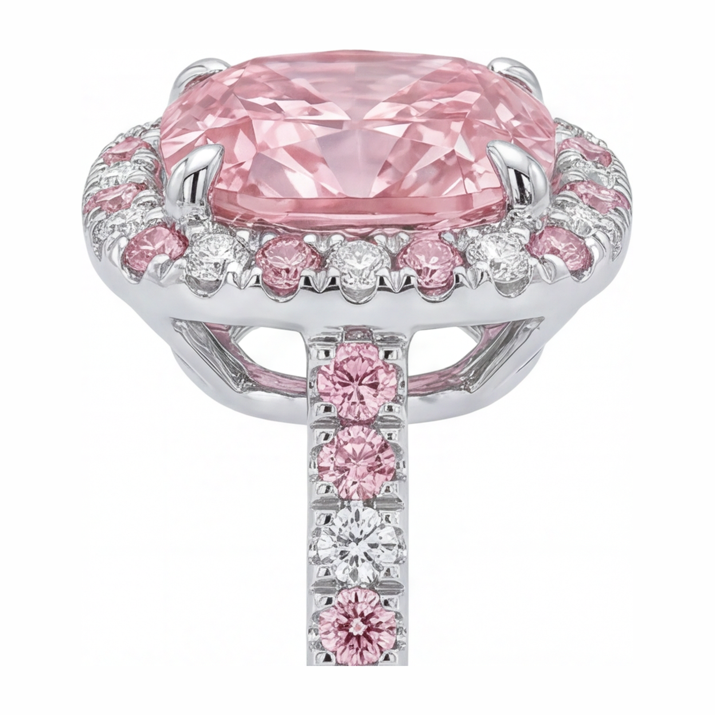 Im Labor gezüchteter rosa Diamant, 3,75 Karat, Halo-Ring im Kissenschliff, 14 Karat Weißgold